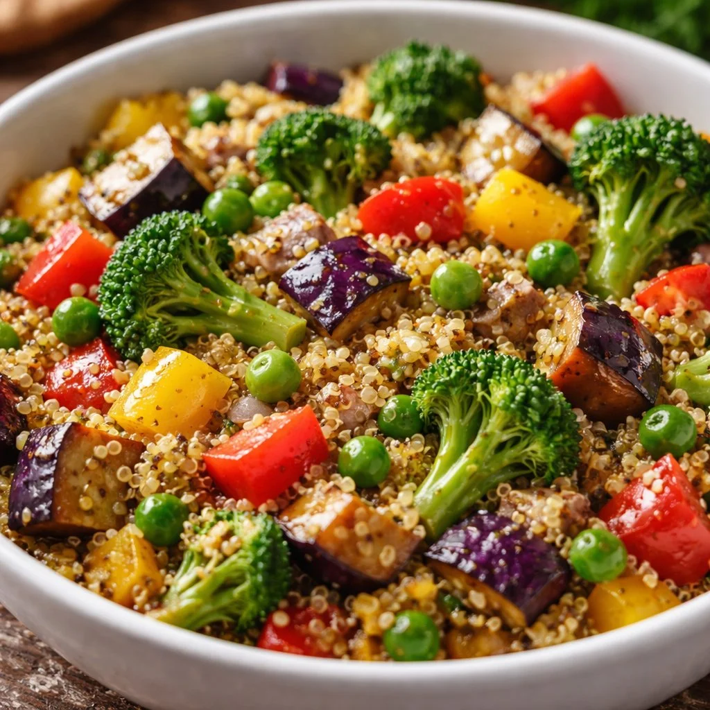 Colorful quinoa stir-fry with assorted vegetables in a bowl