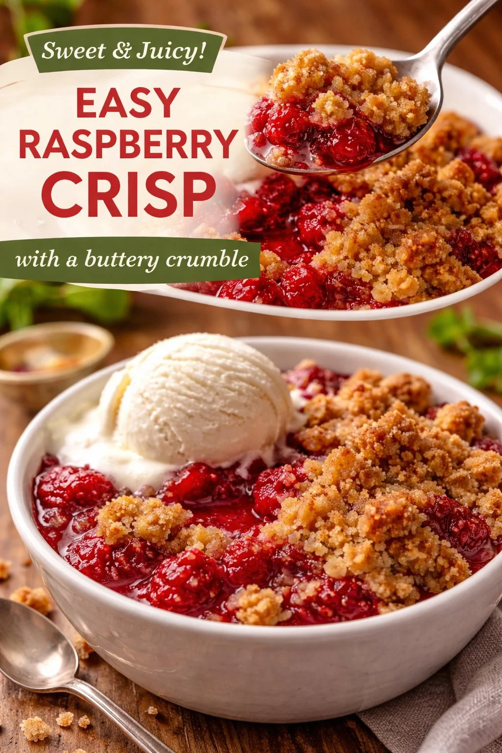 Freshly baked raspberry crumble dessert served with a scoop of vanilla ice cream