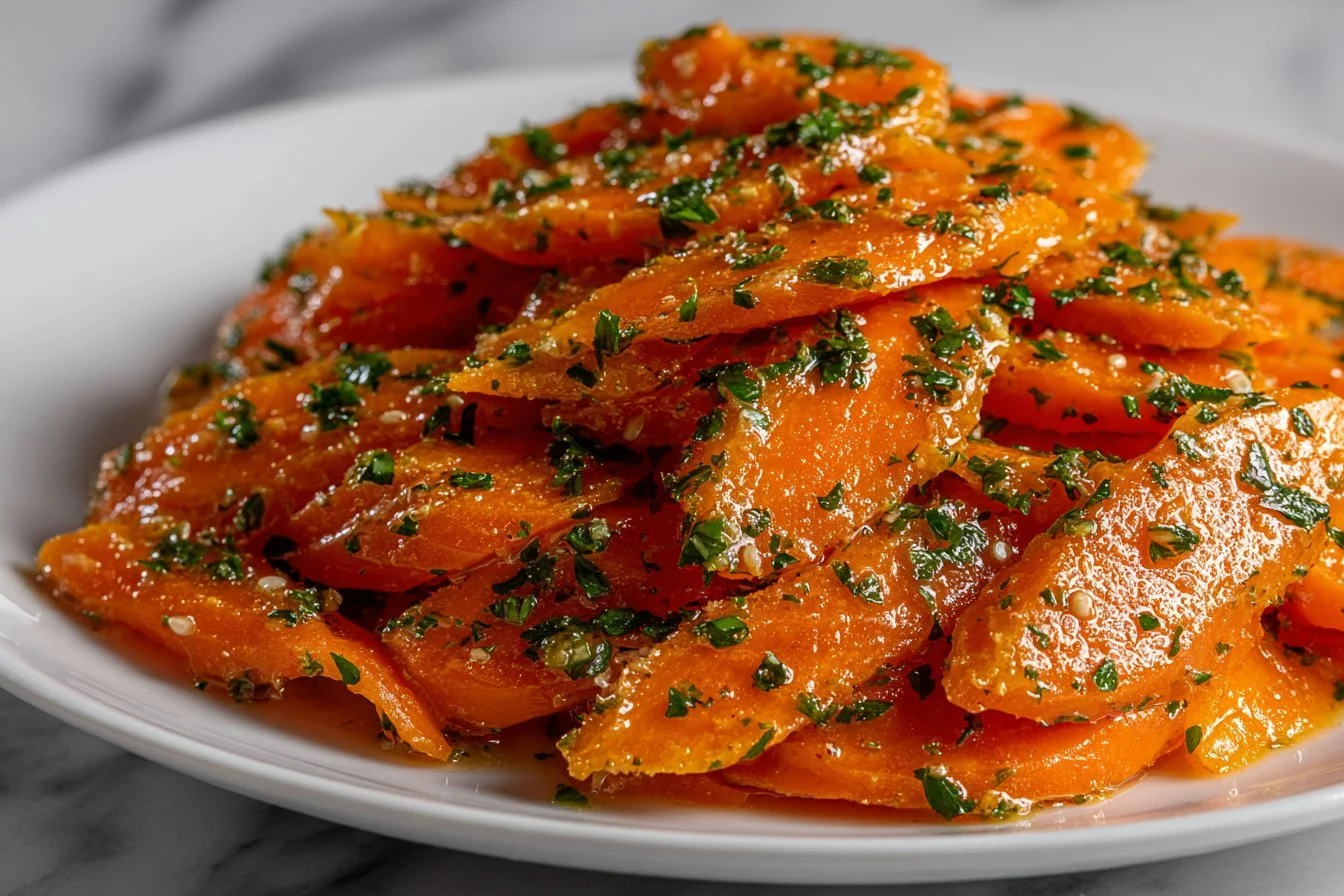 Fresh raw carrot salad with herbs and dressing in a bowl