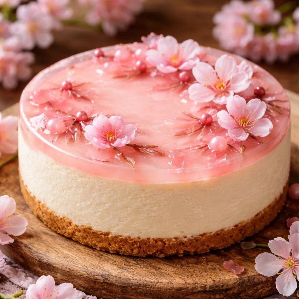 Sakura Cheesecake topped with cherry blossoms and decorative petals