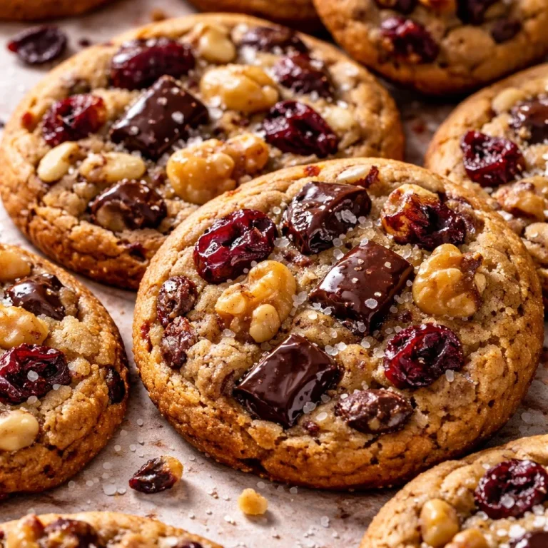 Salted dark chocolate cookies with cranberries and walnuts on a wooden table