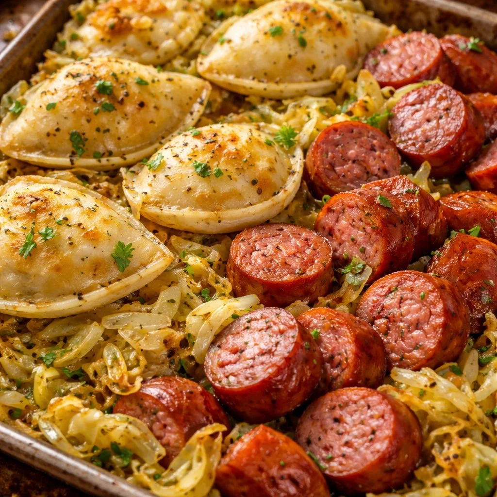Sheet Pan Sausage and Pierogies