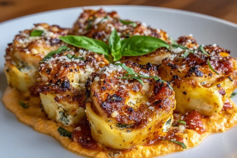 Shrimp and spinach stuffed pasta rolls topped with roasted red pepper cream sauce