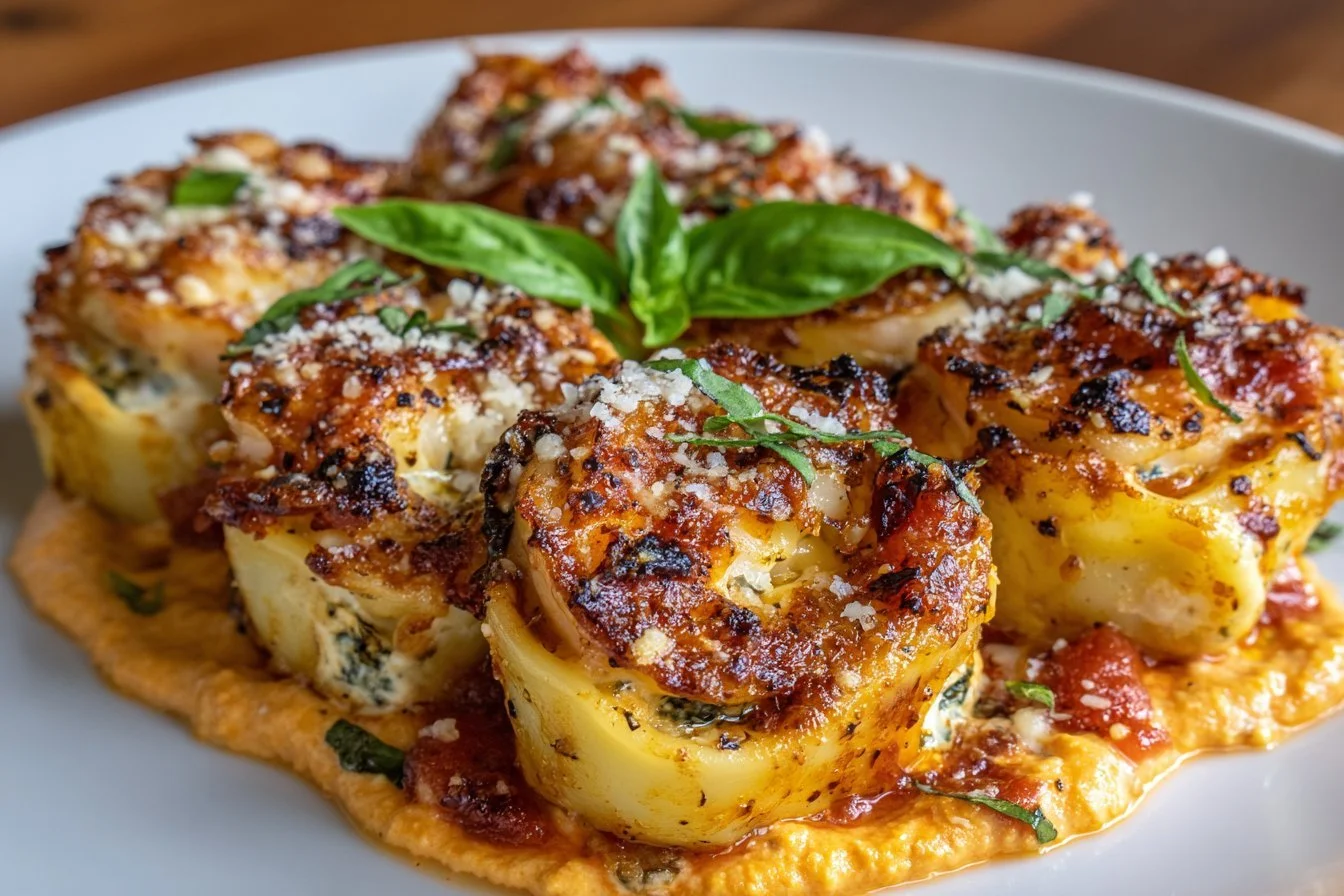 Shrimp and spinach stuffed pasta rolls topped with roasted red pepper cream sauce