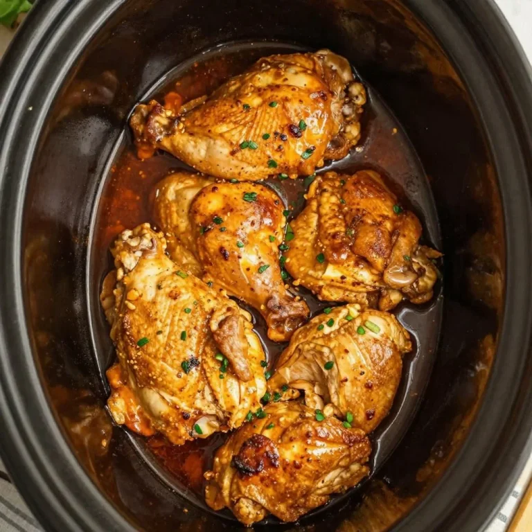 Delicious slow cooker chicken dish garnished with herbs and spices.