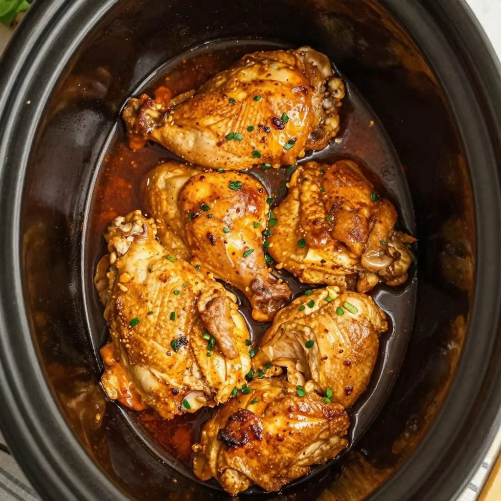 Delicious slow cooker chicken dish garnished with herbs and spices.