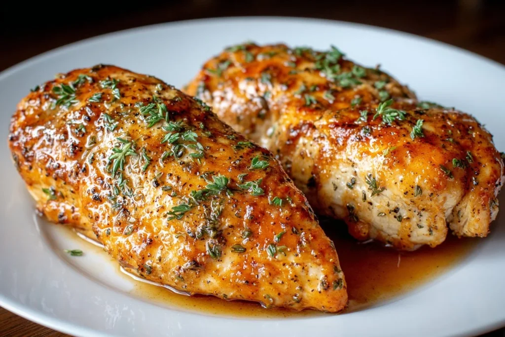 Slow cooker chicken breasts with herbs and spices in a slow cooker.