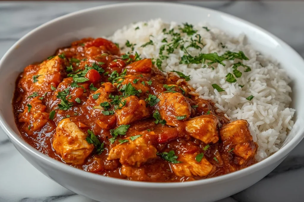 Bowl of slow cooker chicken curry with colorful vegetables and rice
