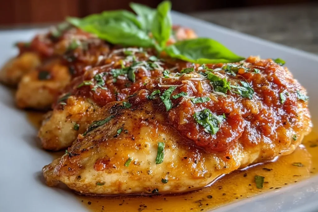 Delicious slow cooker chicken parmesan served with pasta and herbs