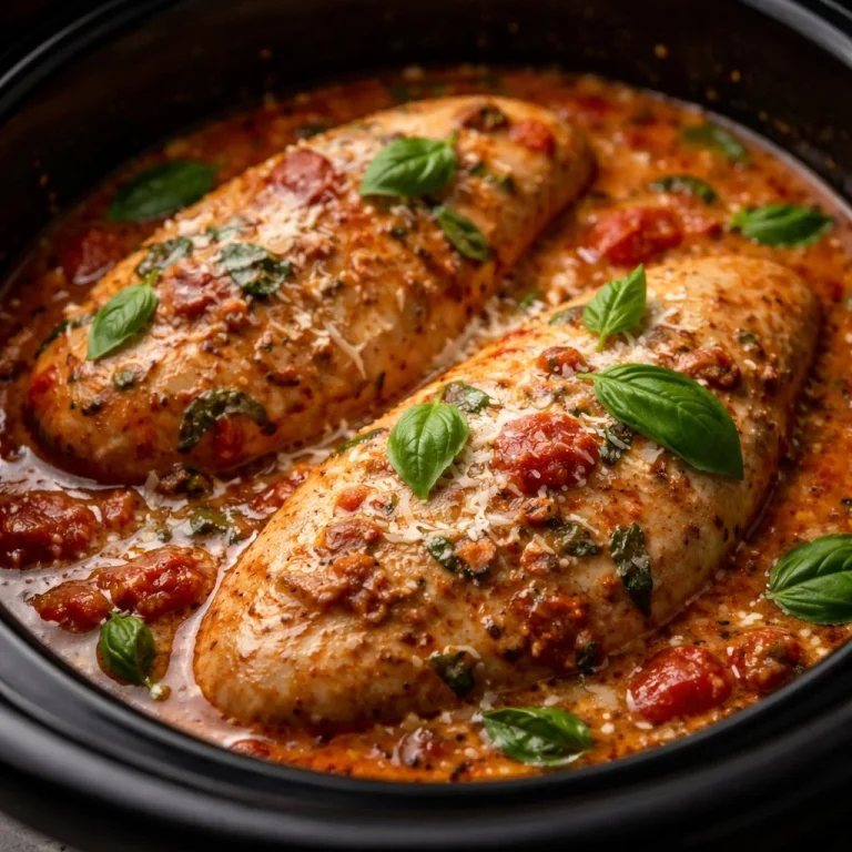 Slow Cooker Creamy Tomato Basil Chicken served with fresh basil and tomatoes