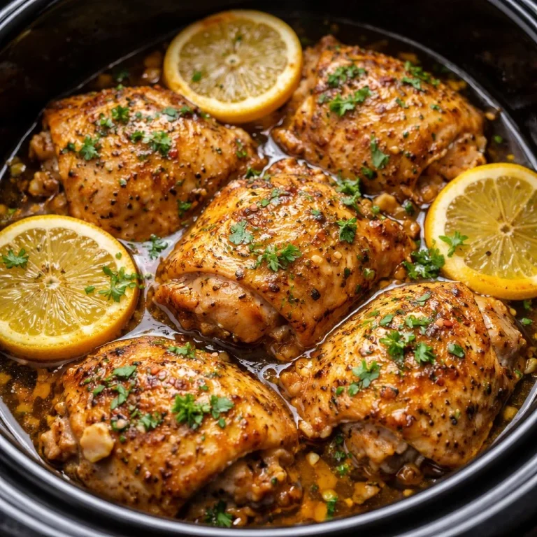 Slow cooker lemon garlic butter chicken thighs served on a plate