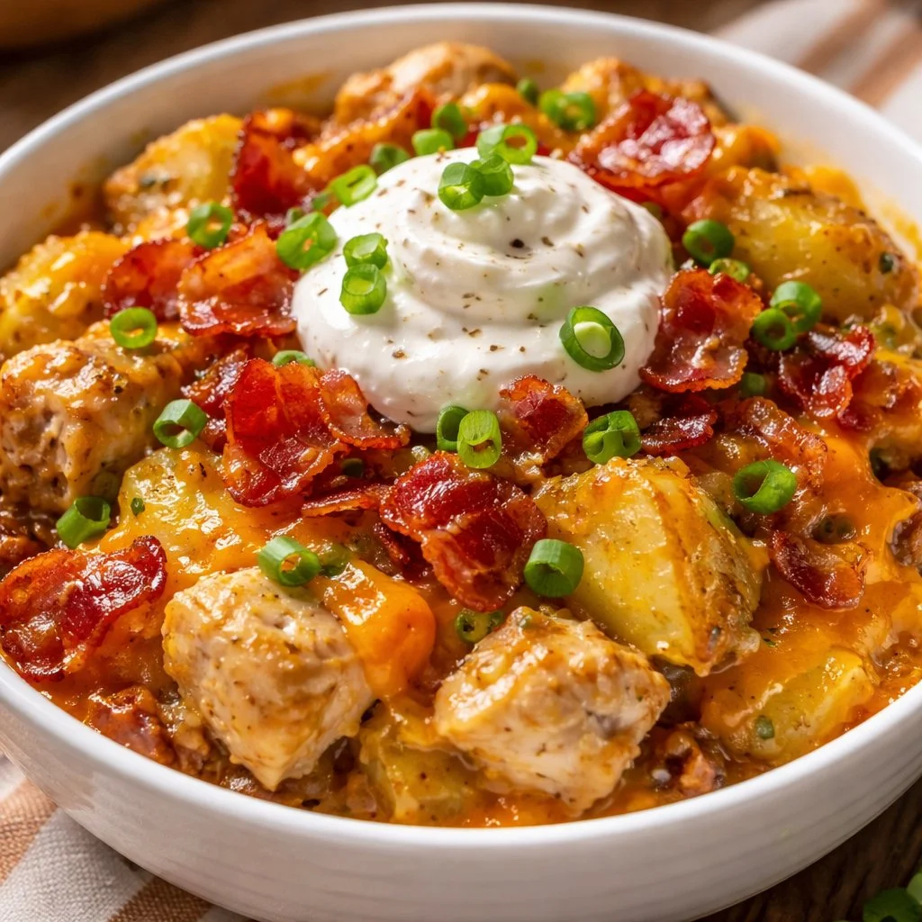 Slow cooker loaded chicken and potato casserole served in a bowl with toppings.