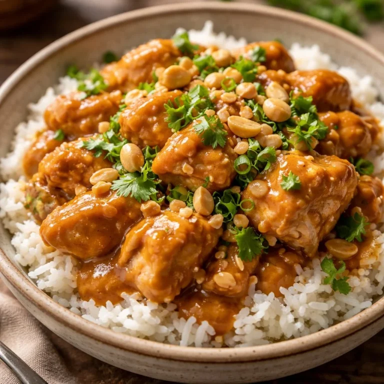 Slow cooker peanut chicken served with vegetables in a bowl.