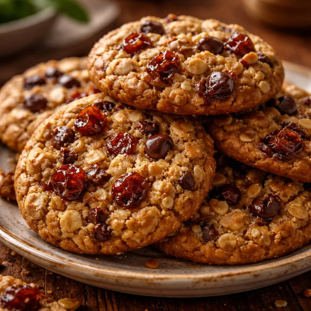 Soft and chewy oatmeal date cookies on a plate with a warm, inviting texture.