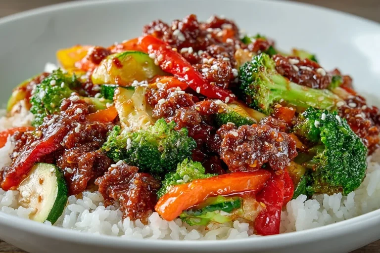 Spicy ground beef stir-fry bowl with garlic vegetables and steamy rice