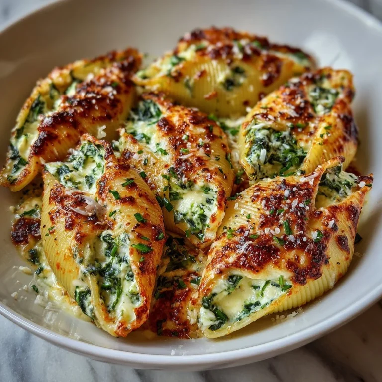 Plate of spinach and ricotta stuffed shells topped with marinara sauce and herbs.