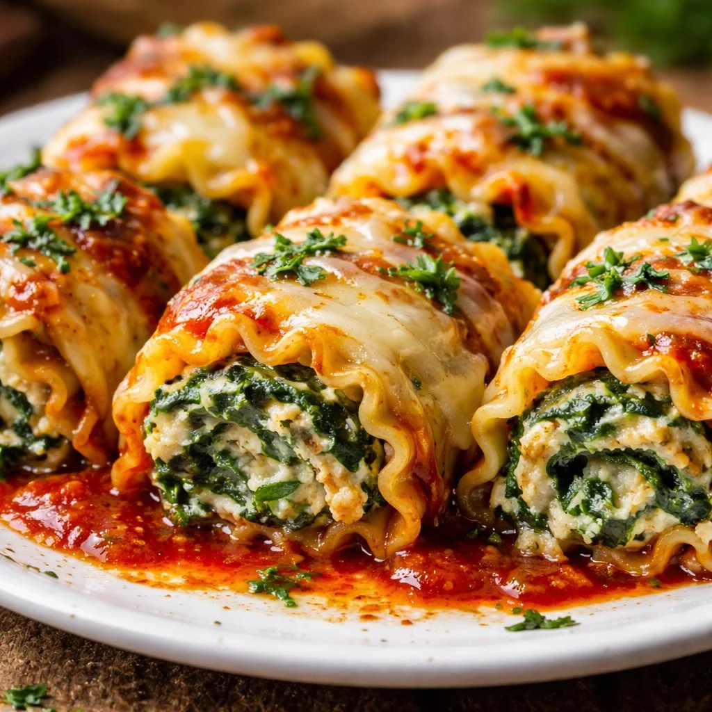 Spinach lasagna roll-ups with cheese and herbs on a plate