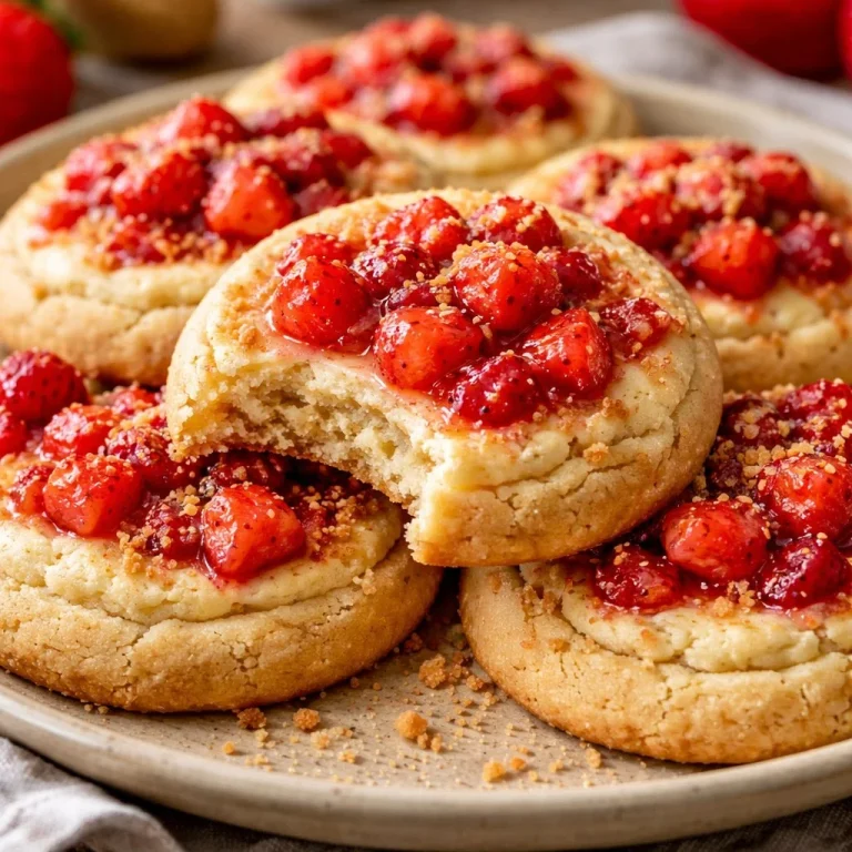 Freshly baked strawberry cheesecake cookies with whipped cream topping