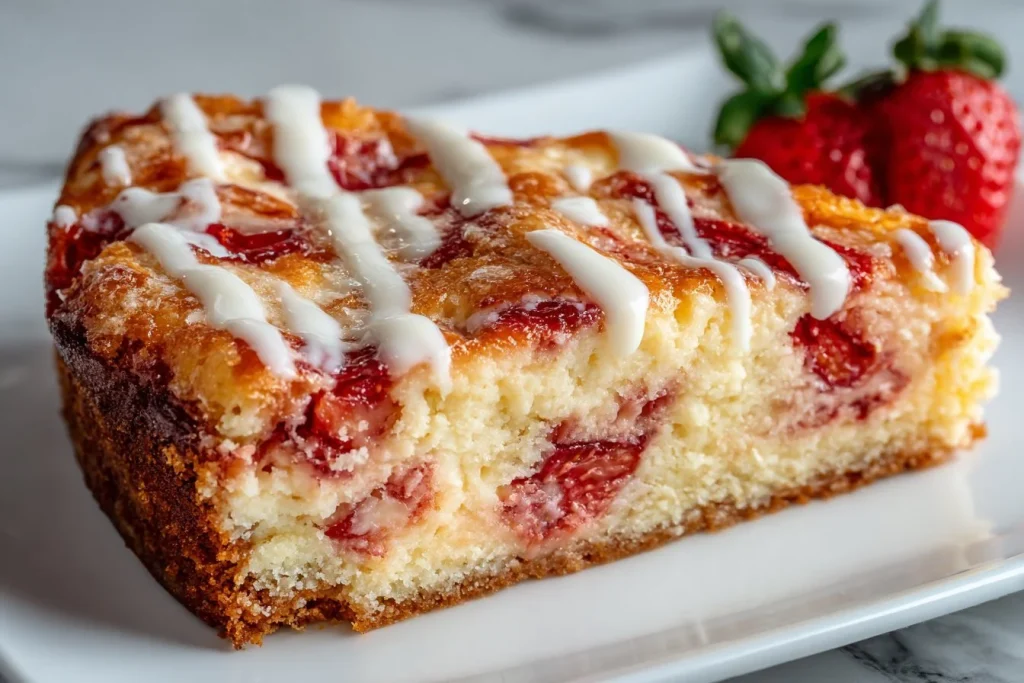 Delicious Strawberry Earthquake Cake topped with strawberries and cream.