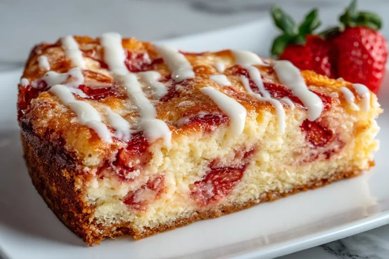 Delicious Strawberry Earthquake Cake topped with strawberries and cream.