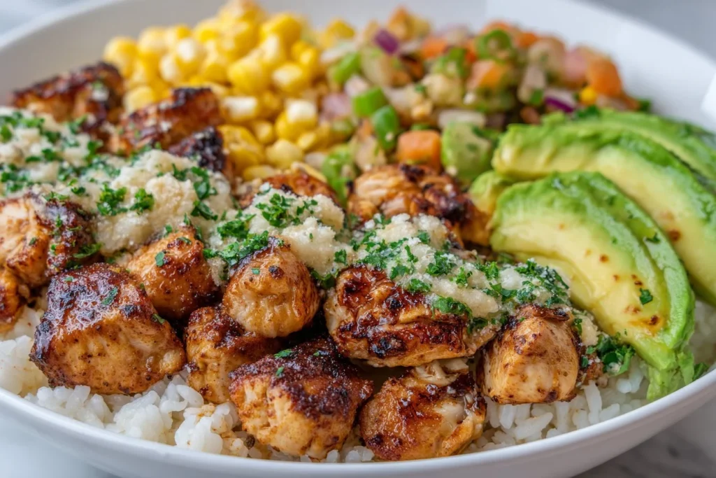 Street Corn Chicken Rice Bowl with vibrant toppings and ingredients