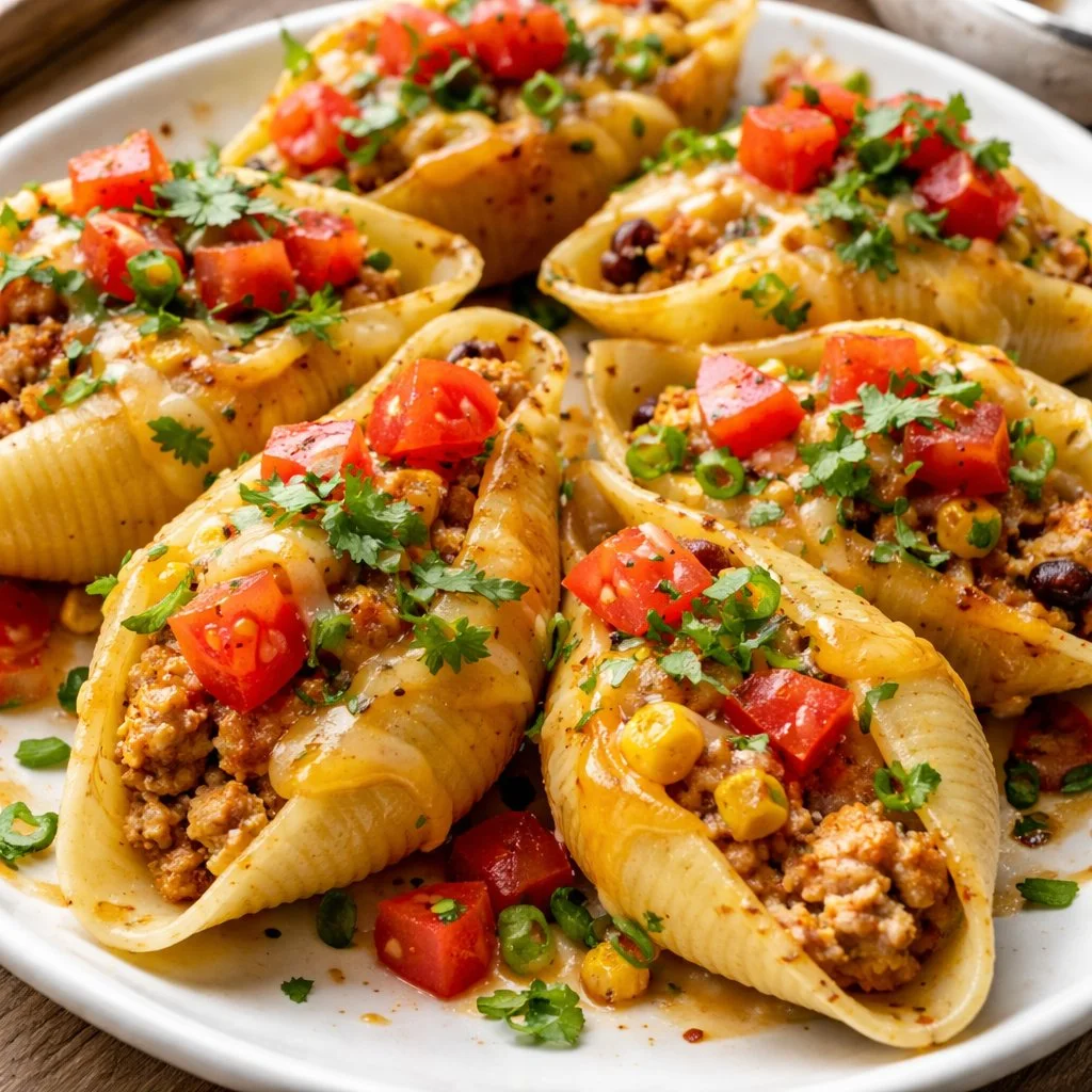 Stuffed taco pasta shells filled with cheese and seasoned ground beef.