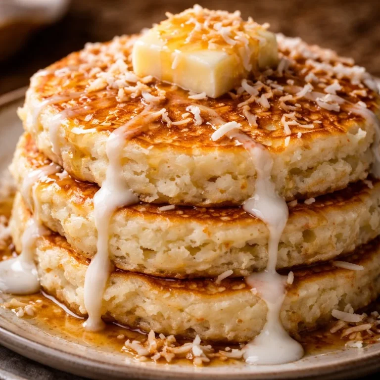 Delicious sweet coconut cream pancakes stacked with syrup and coconut flakes