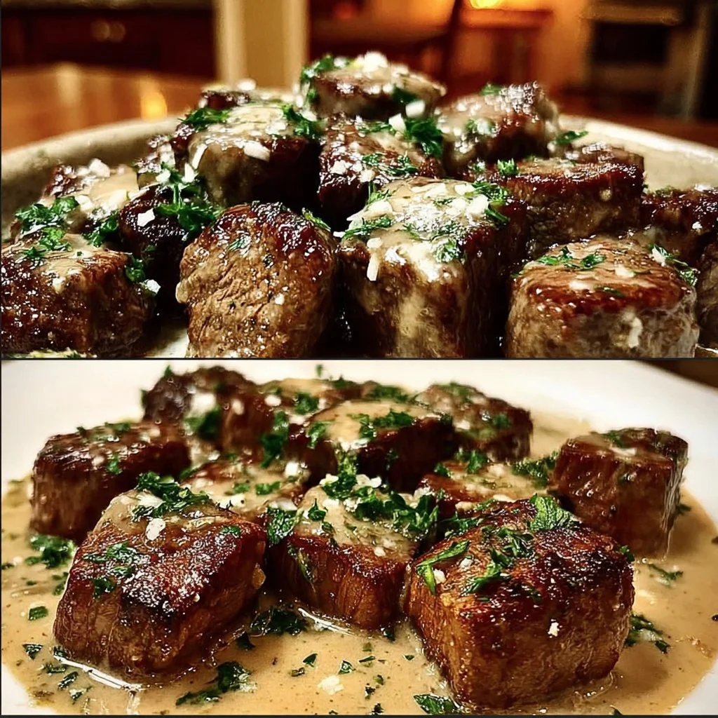 Tender Steak Bites in Garlic Butter with Creamy Parmesan Sauce
