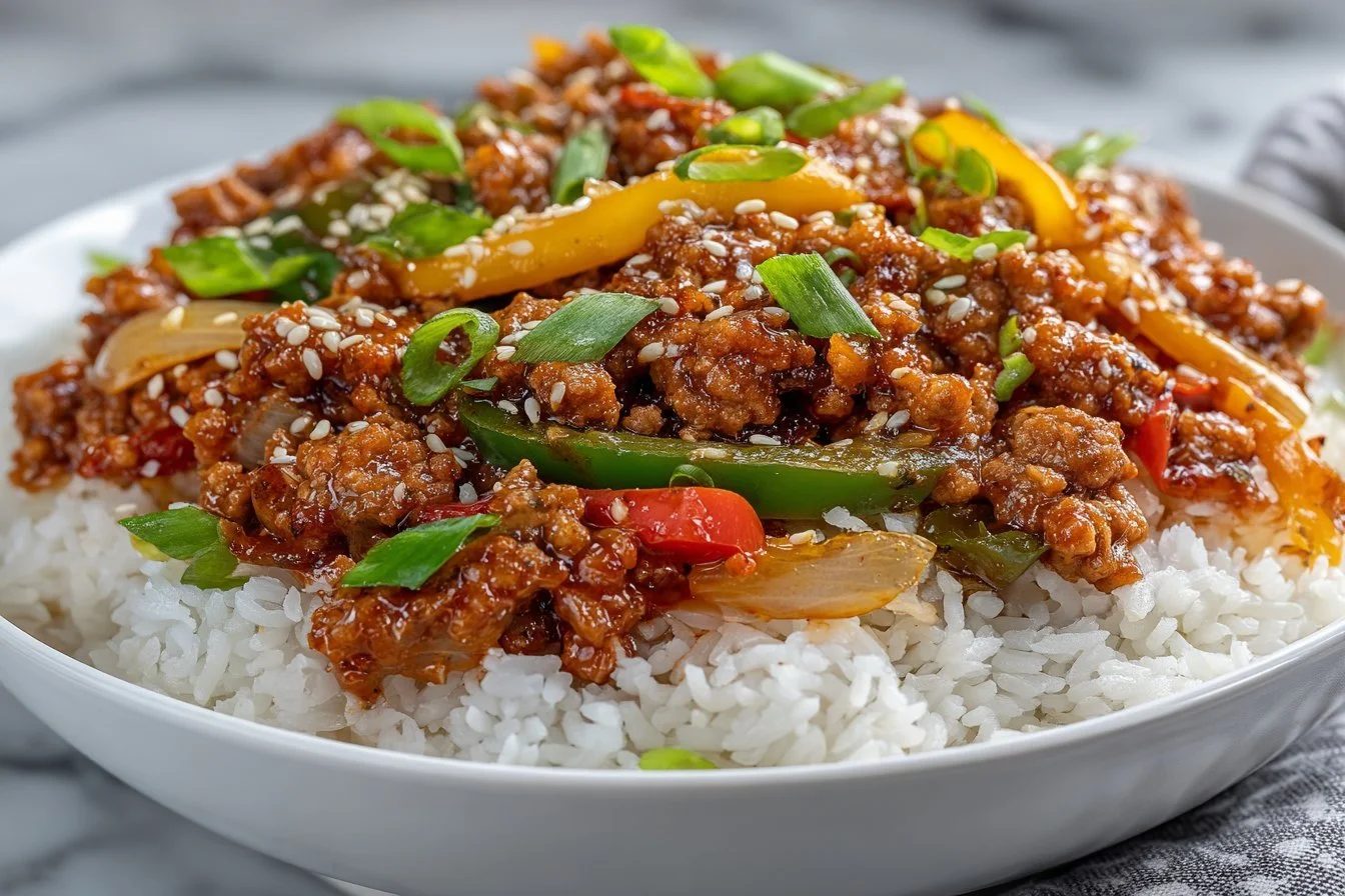 Delicious Teriyaki Ground Turkey Bowl with fresh vegetables and rice