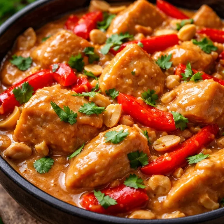 Plate of Thai Peanut Chicken garnished with cilantro and peanuts