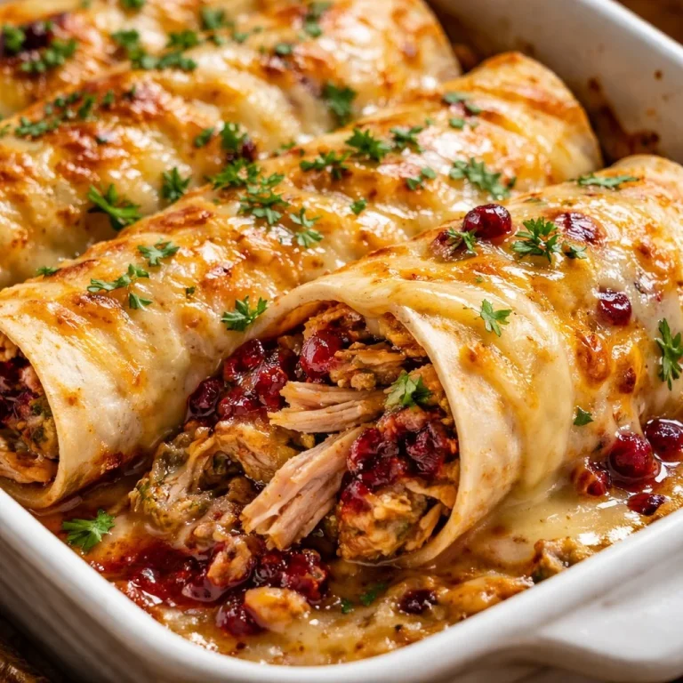 Delicious Thanksgiving Enchiladas topped with creamy sauce and festive ingredients.