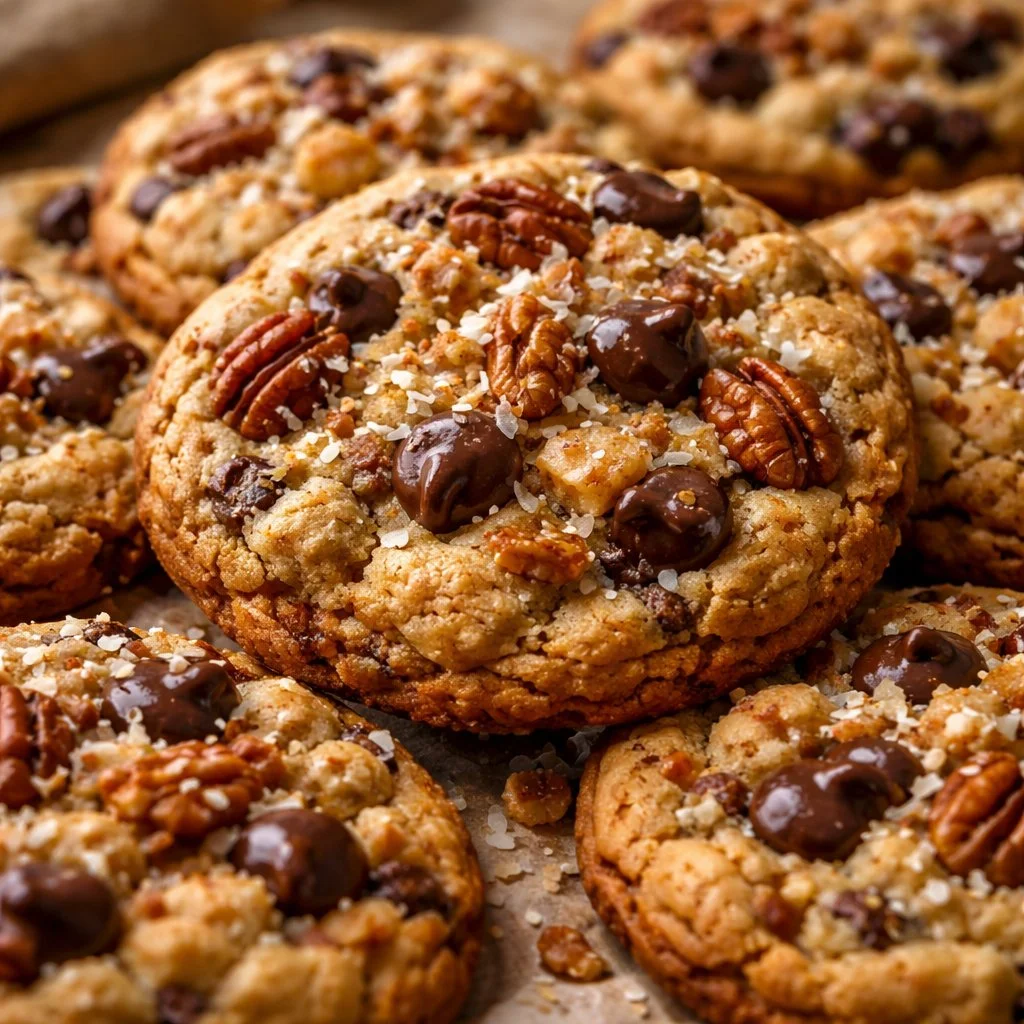 Delicious toffee coconut pecan chocolate chip cookies on a plate