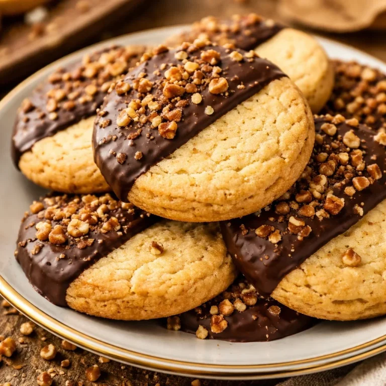 Toffee Pecan Shortbread cookies on a plate, showcasing their rich texture and ingredients.