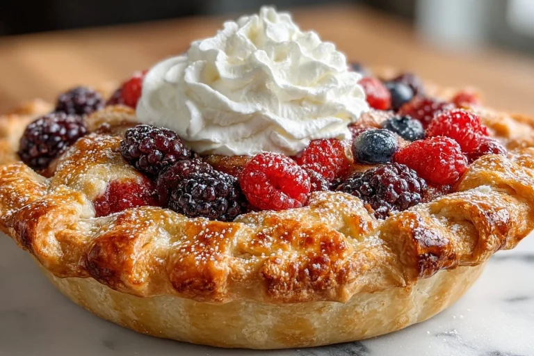 Freshly baked Triple Berry Pie with strawberries, blueberries, and raspberries