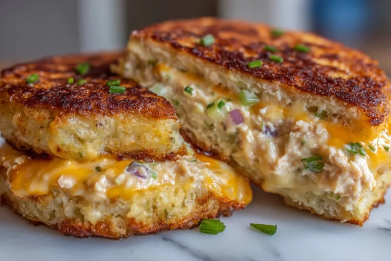 Homemade Tuna Melt Patties ready to serve with cheese and toppings