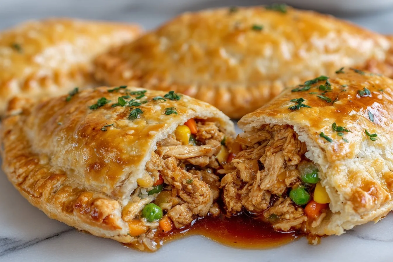 Delicious turkey hand pies on a wooden table, perfect for snacks or meals.