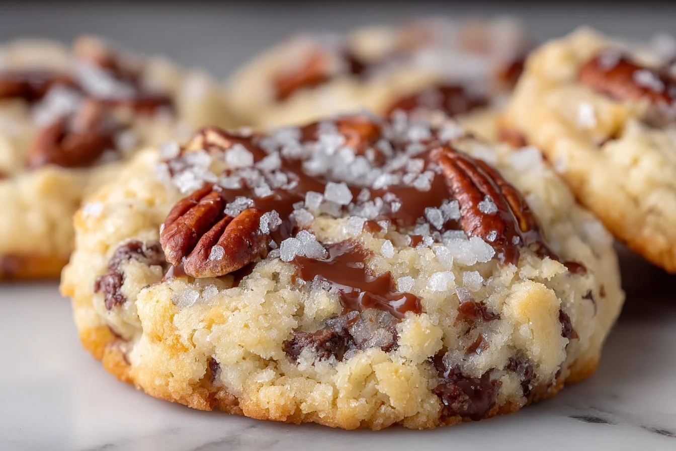 Delicious Turtle Thumbprint Cookies with chocolate and pecans on a plate
