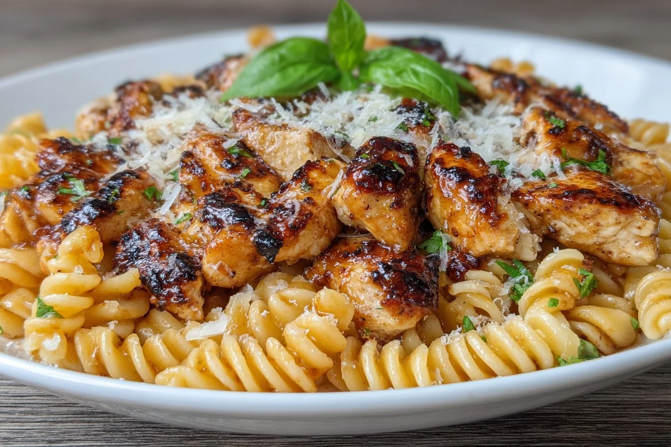 Twisted Pasta with Honey Garlic Chicken topped with Parmesan Cream sauce