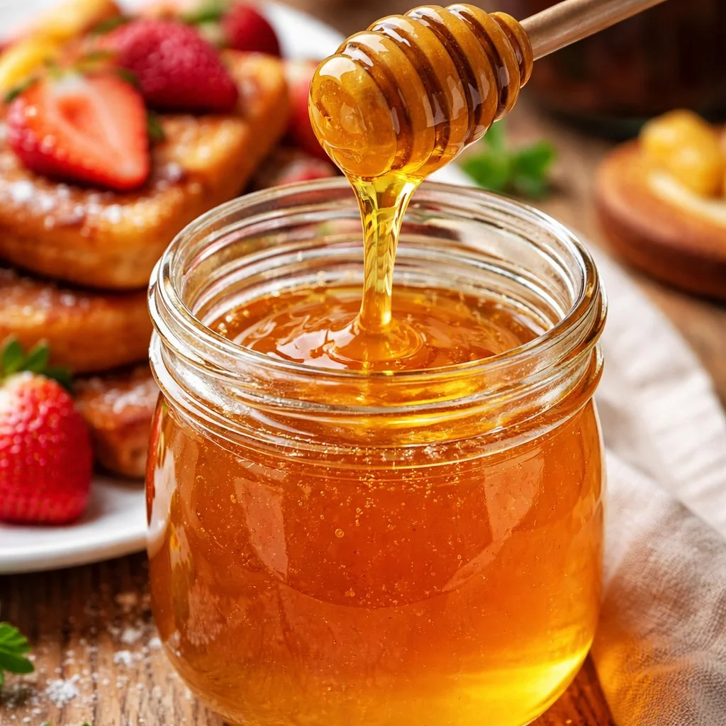 Delicious Vanilla Butter Syrup drizzled over pancakes and waffles.