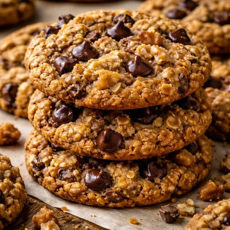 Baked walnut oatmeal chocolate chip cookies on a cooling rack