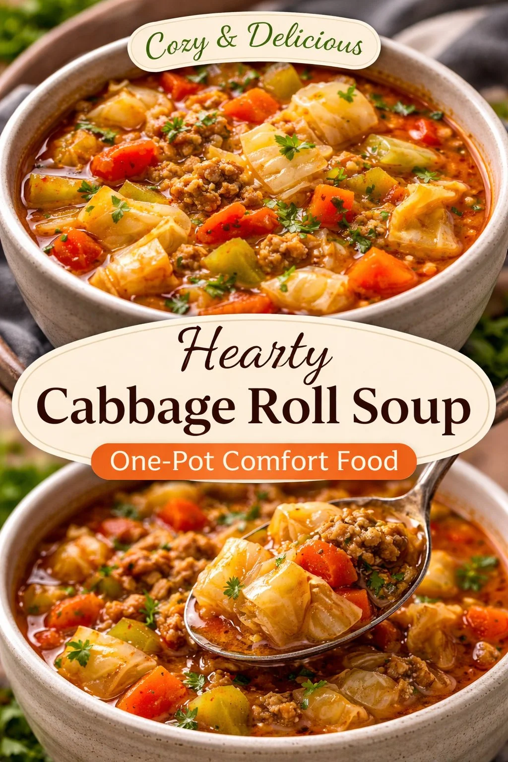 Bowl of Weight Watchers cabbage soup with fresh ingredients and garnishes