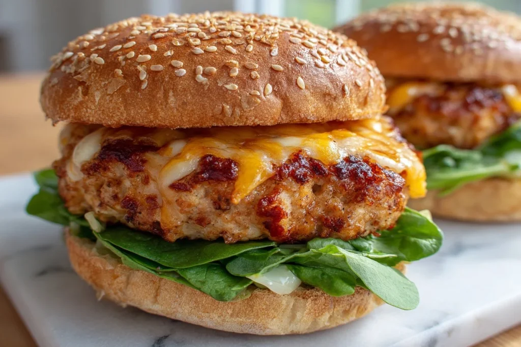 White Cheddar and Spinach Chicken Burgers topped with fresh ingredients