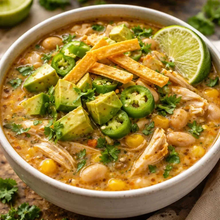 A bowl of creamy White Chicken Chili topped with fresh herbs and sliced jalapeños.