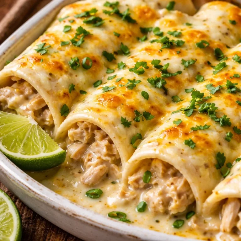 Plate of white chicken enchiladas topped with creamy sauce and garnished with cilantro