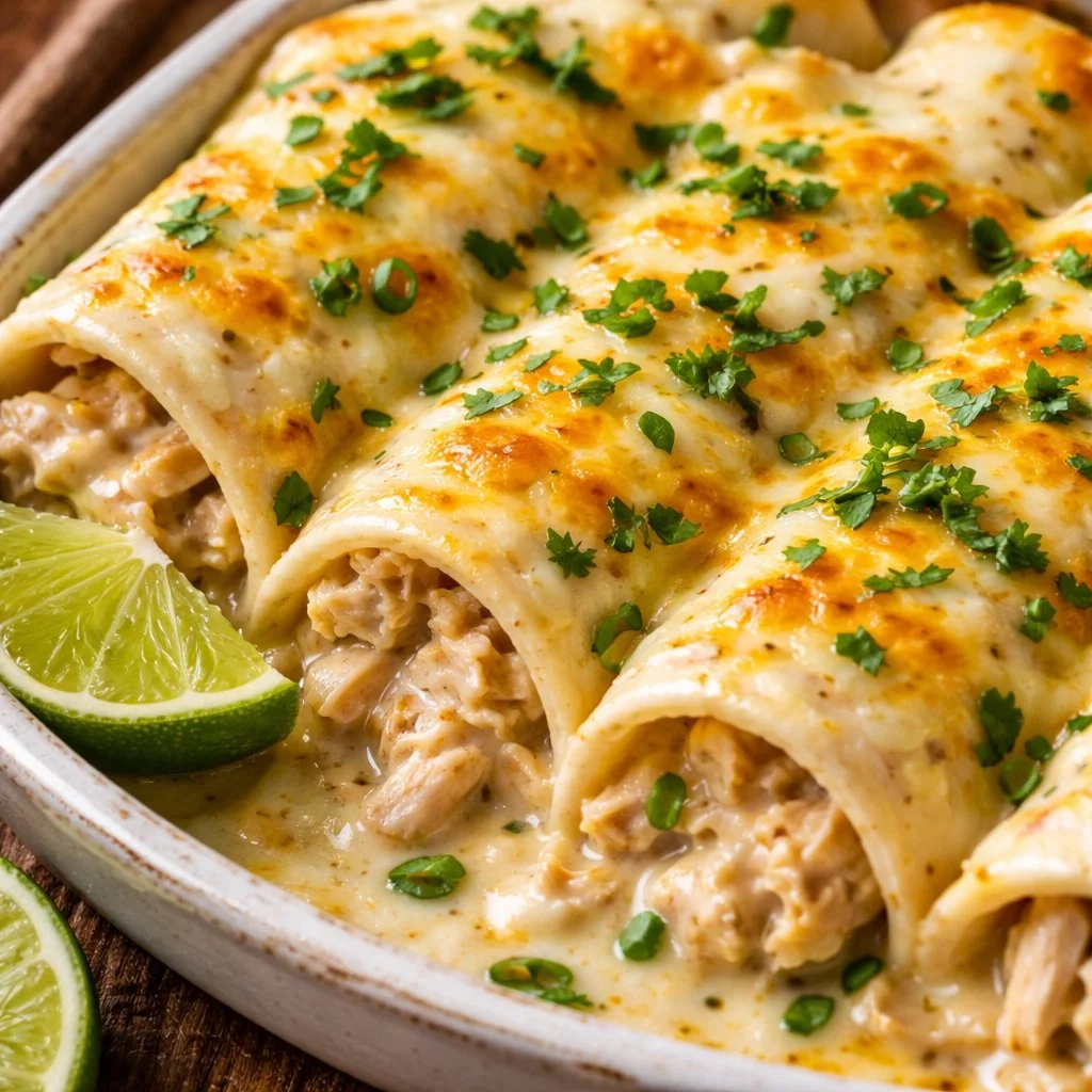 Plate of white chicken enchiladas topped with creamy sauce and garnished with cilantro