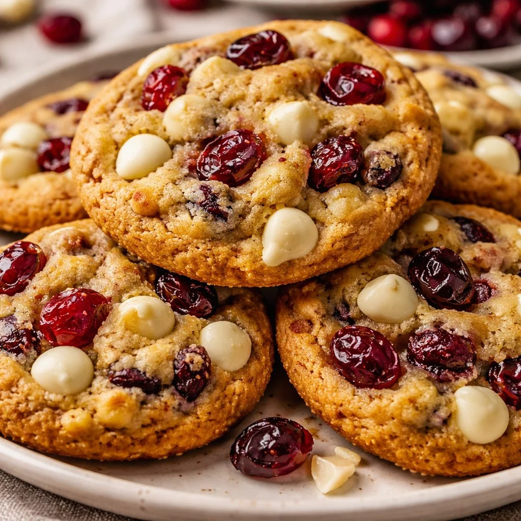 Delicious homemade white chocolate cranberry cookies on a plate.
