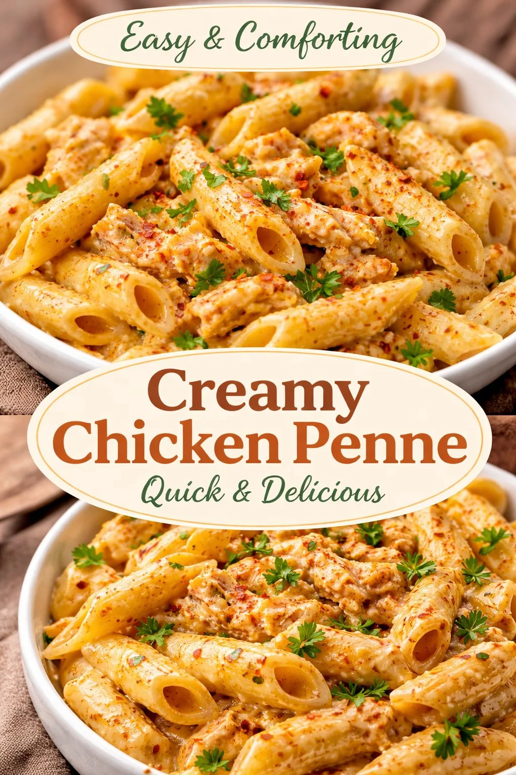 Creamy Buffalo Chicken Alfredo Penne pasta dish with spicy chicken and cheese
