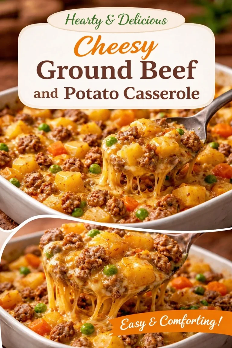 Cheesy ground beef and potato casserole ready to serve