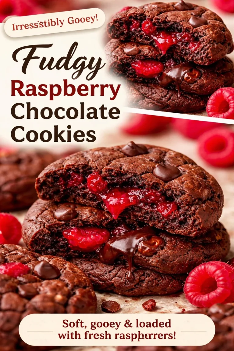 Fudgy chocolate raspberry cookies on a wooden board with fresh raspberries