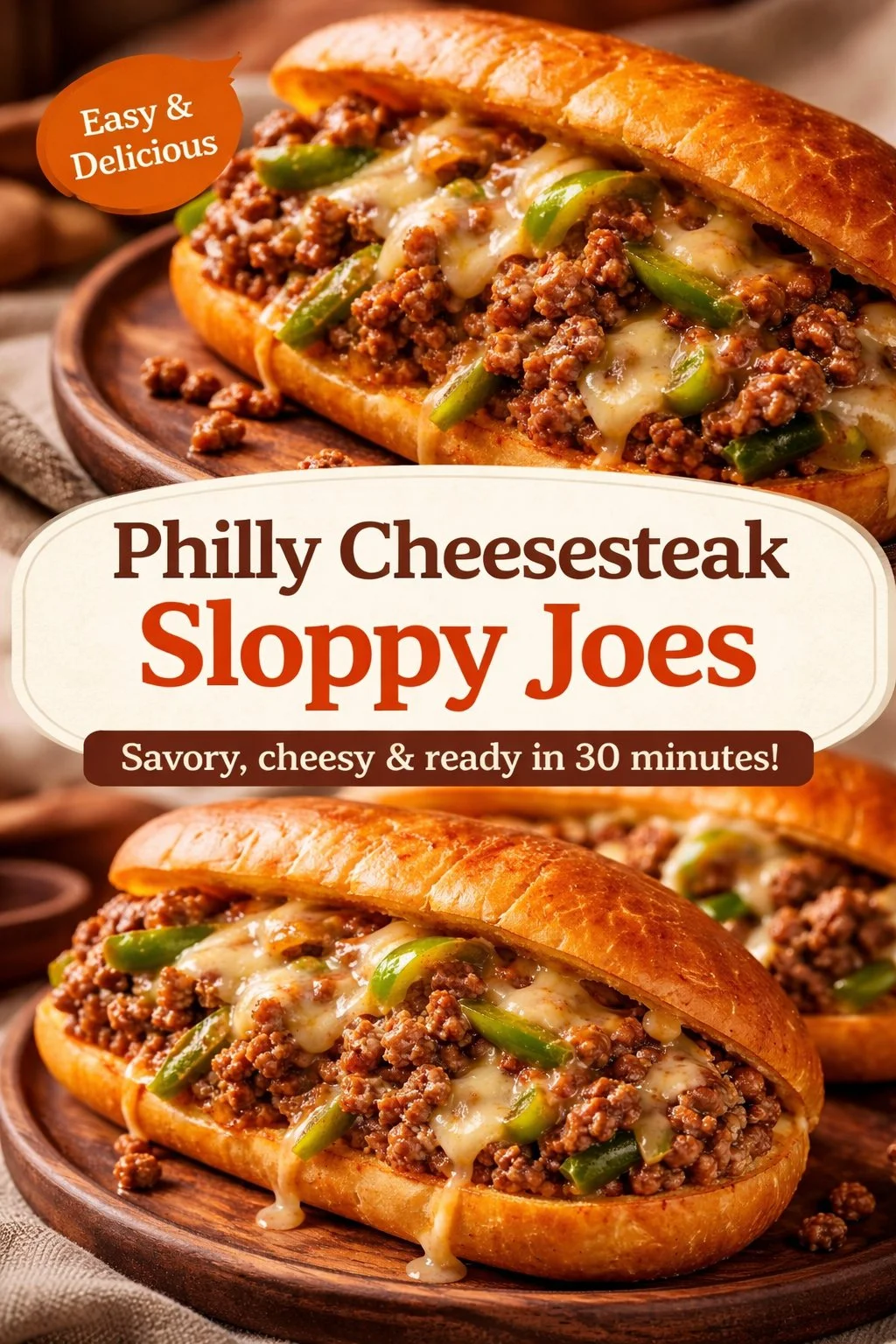 Delicious cheesesteak sloppy joes served on a plate with garnishes.